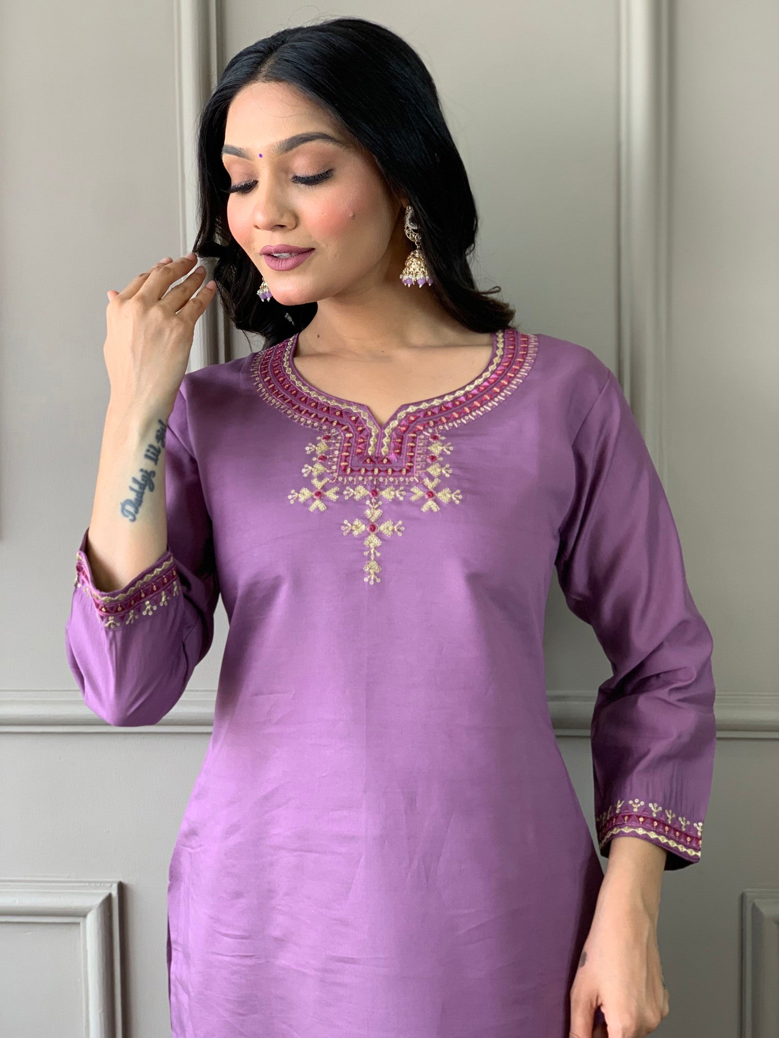 Luxurious Chanderi Silk Purple Kurta Set with Bottom and Dupatta Dropshipera