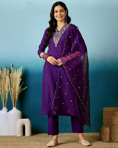 Embroidered V-Neck Straight Kurta with Pants and Dupatta Dropshipera