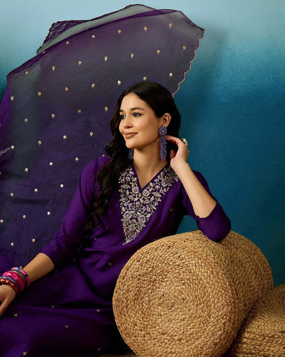 Embroidered V-Neck Straight Kurta with Pants and Dupatta Dropshipera