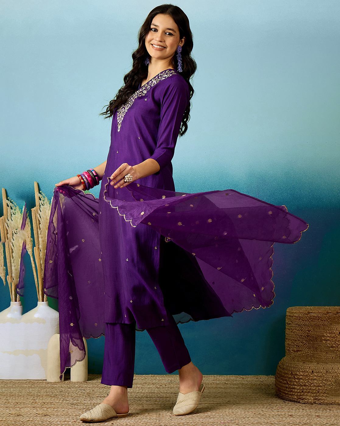 Embroidered V-Neck Straight Kurta with Pants and Dupatta Dropshipera