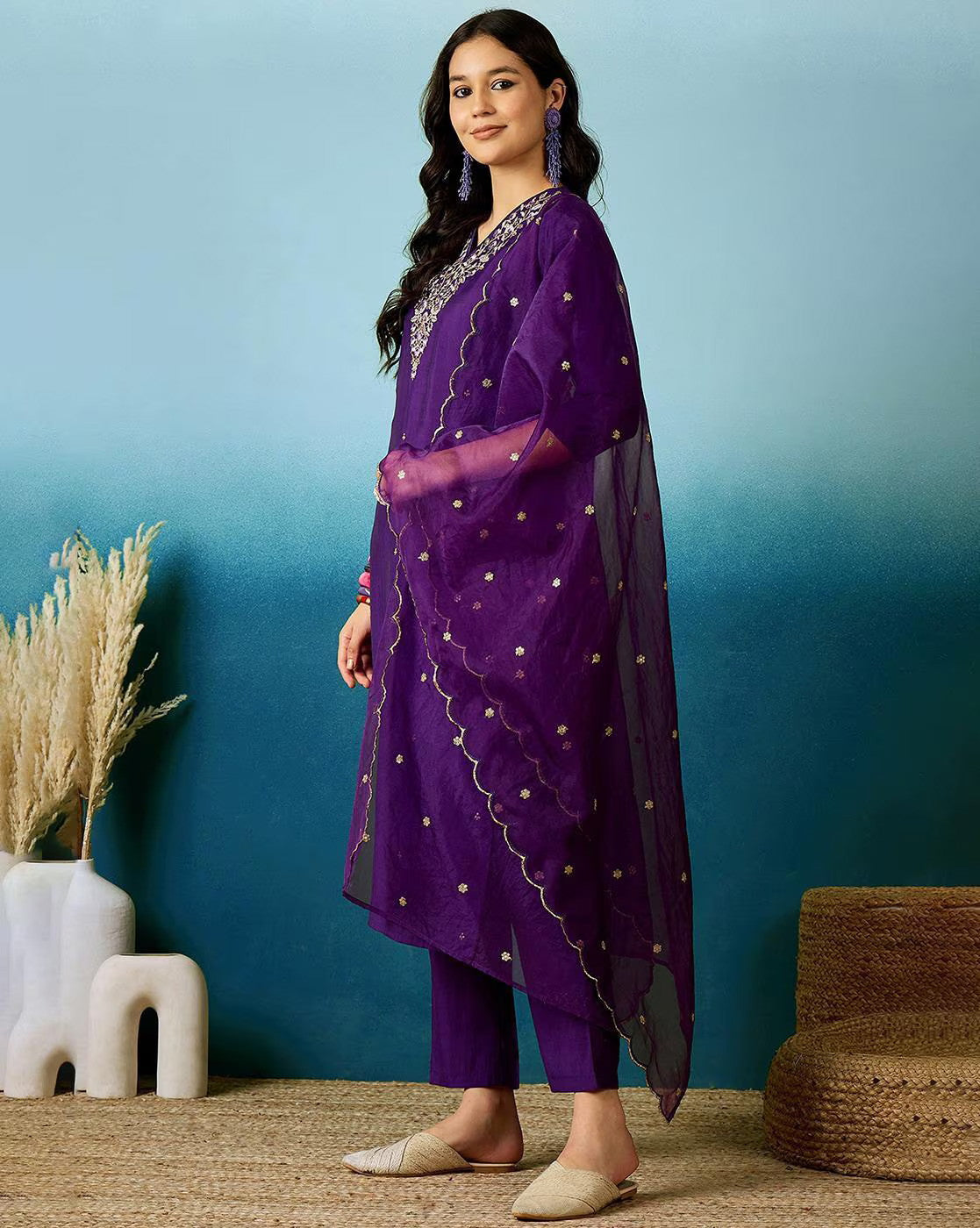 Embroidered V-Neck Straight Kurta with Pants and Dupatta Dropshipera