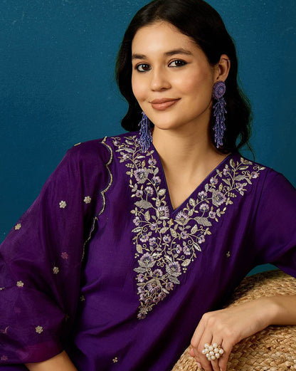 Embroidered V-Neck Straight Kurta with Pants and Dupatta Dropshipera