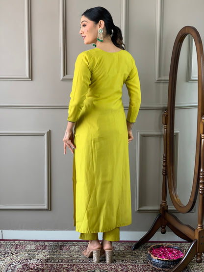 Lemon Yellow Viscose Silk Straight Kurta with bottom and dupatta Dropshipera