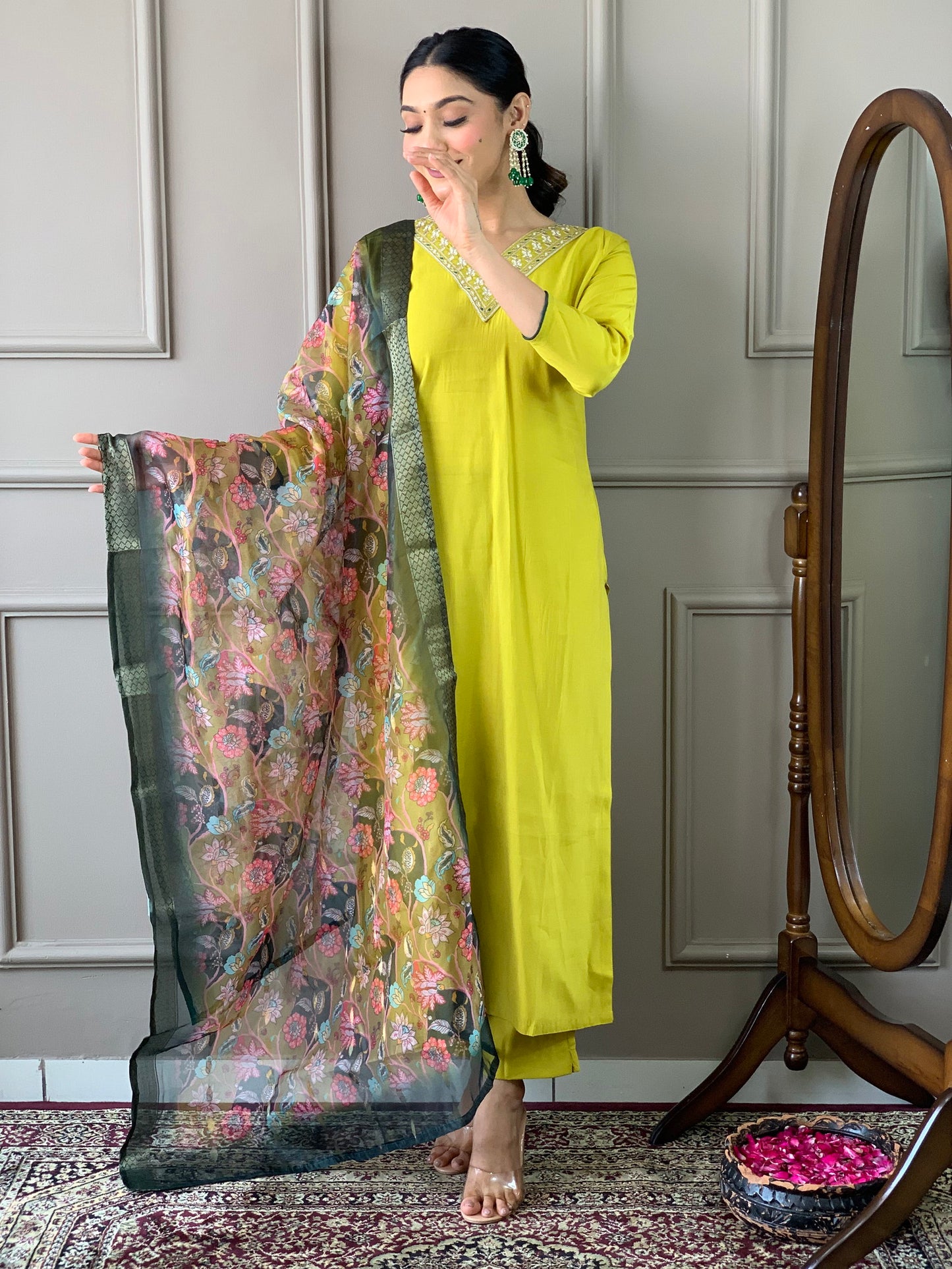 Lemon Yellow Viscose Silk Straight Kurta with bottom and dupatta Dropshipera