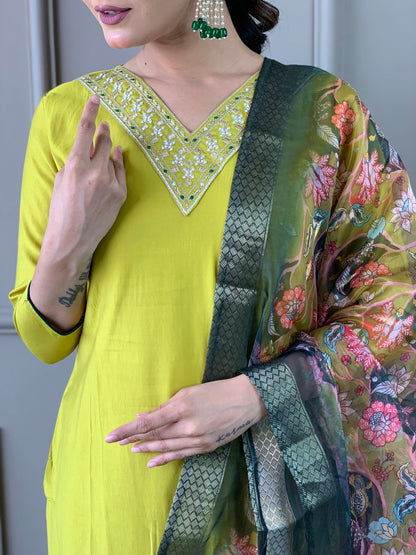 Lemon Yellow Viscose Silk Straight Kurta with bottom and dupatta Dropshipera