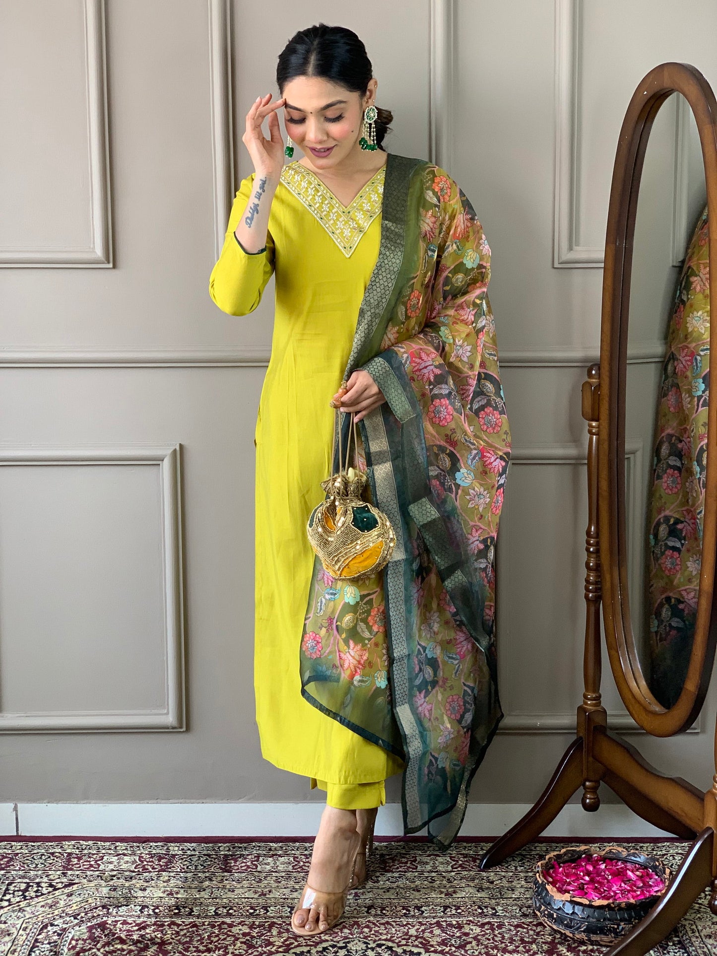 Lemon Yellow Viscose Silk Straight Kurta with bottom and dupatta Dropshipera