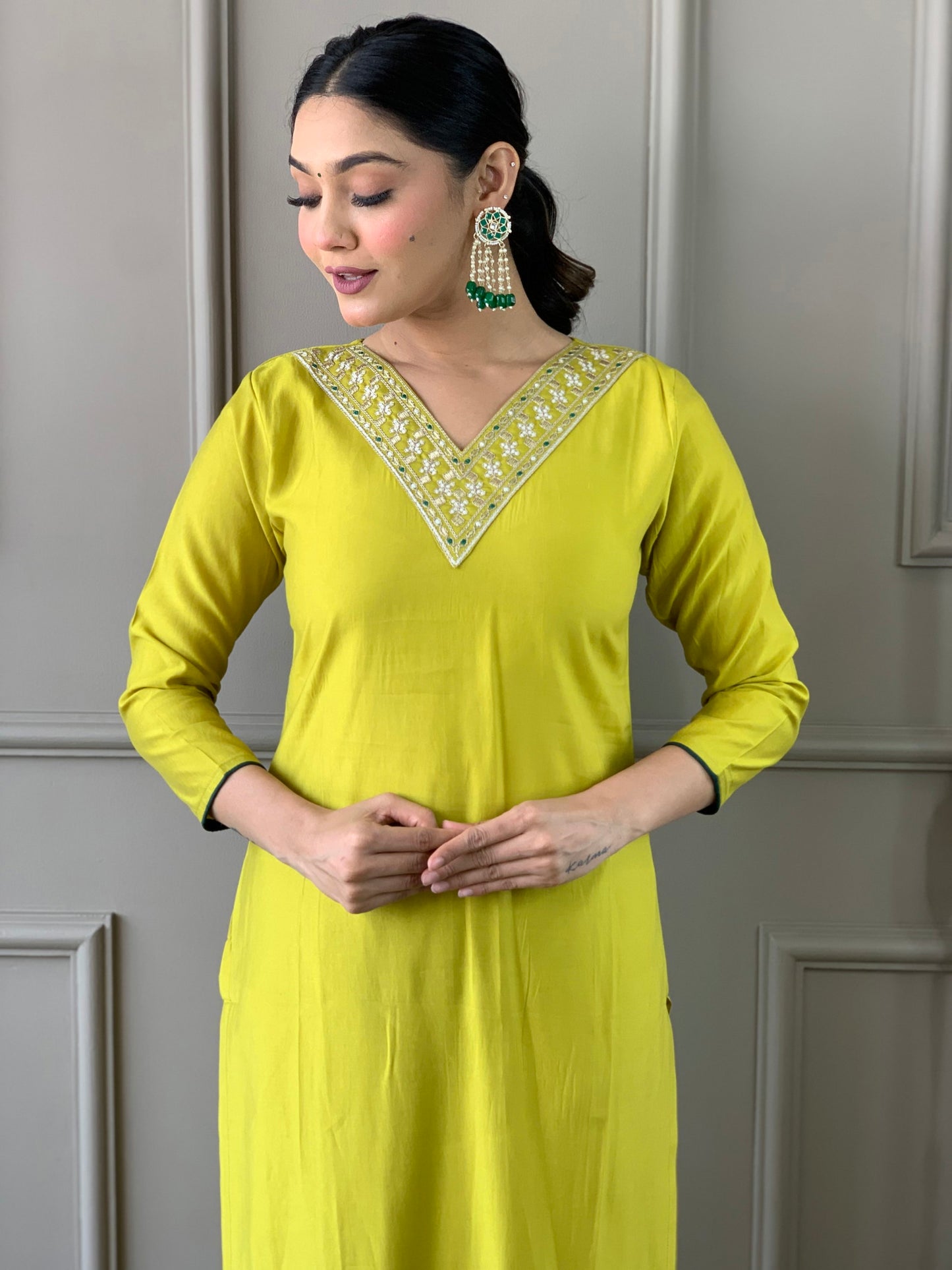 Lemon Yellow Viscose Silk Straight Kurta with bottom and dupatta Dropshipera