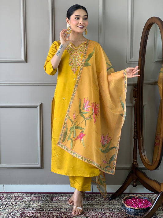 Mustard Classic Embroidery Design Kurta With Pant and Dupatta Dropshipera