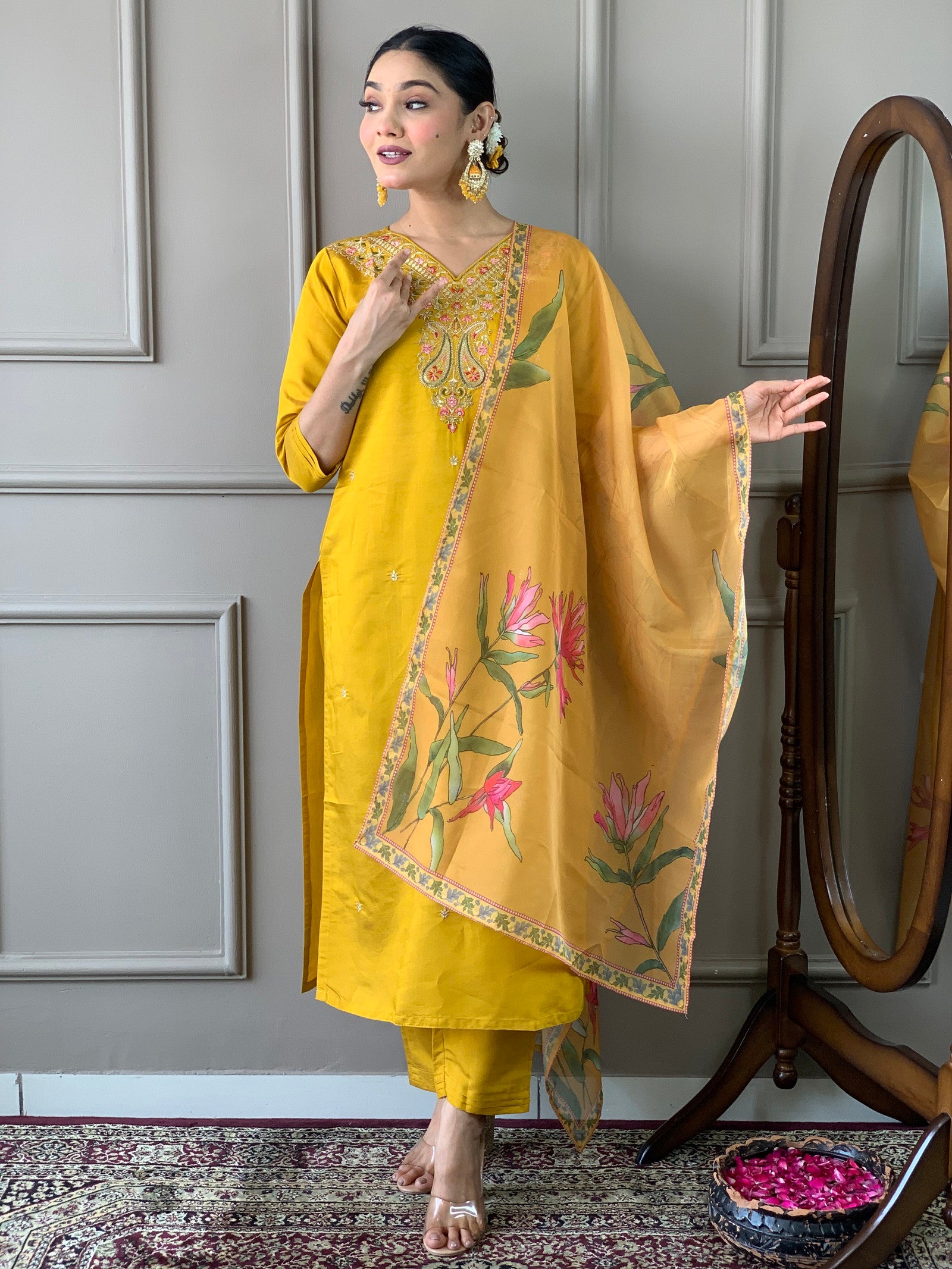 Mustard Classic Embroidery Design Kurta With Pant and Dupatta Dropshipera