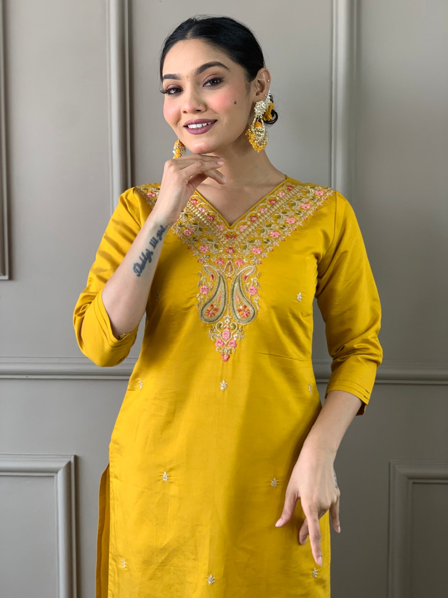 Mustard Classic Embroidery Design Kurta With Pant and Dupatta Dropshipera