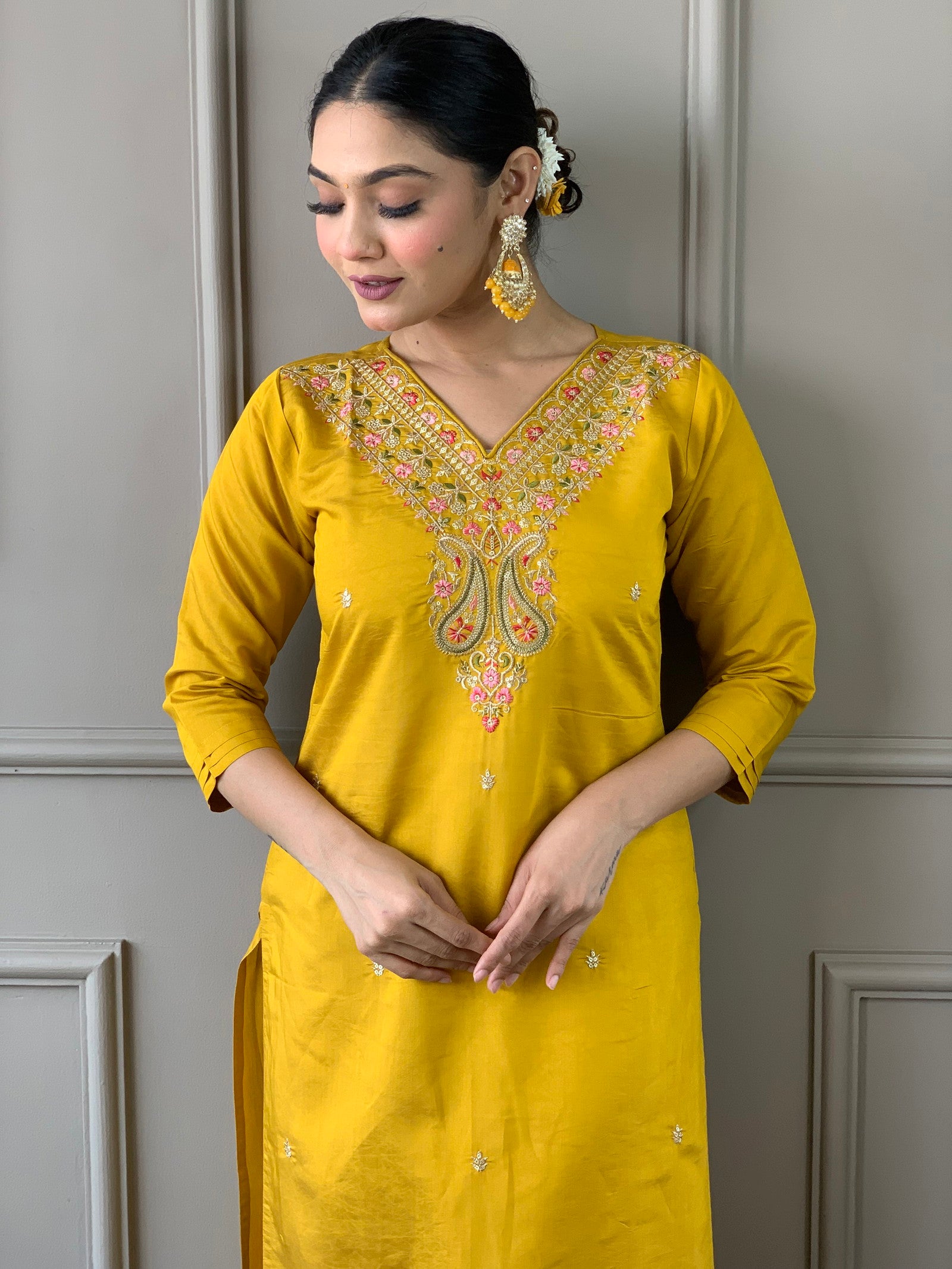 Mustard Classic Embroidery Design Kurta With Pant and Dupatta Dropshipera