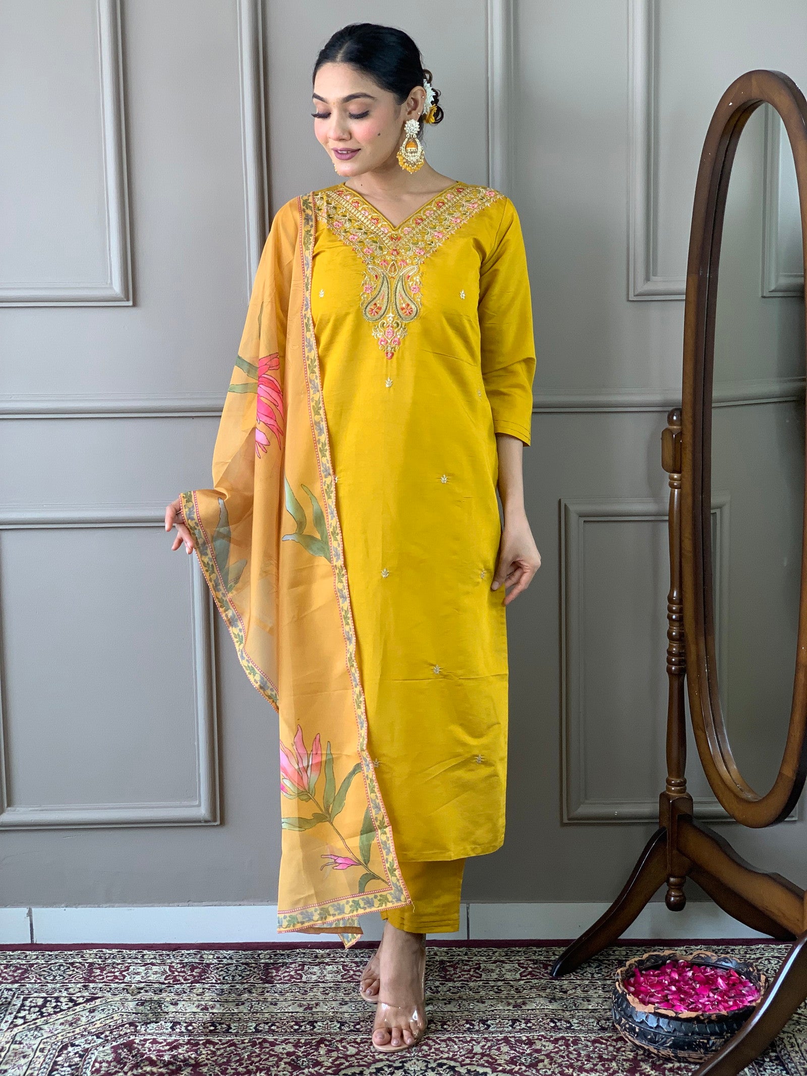 Mustard Classic Embroidery Design Kurta With Pant and Dupatta Dropshipera