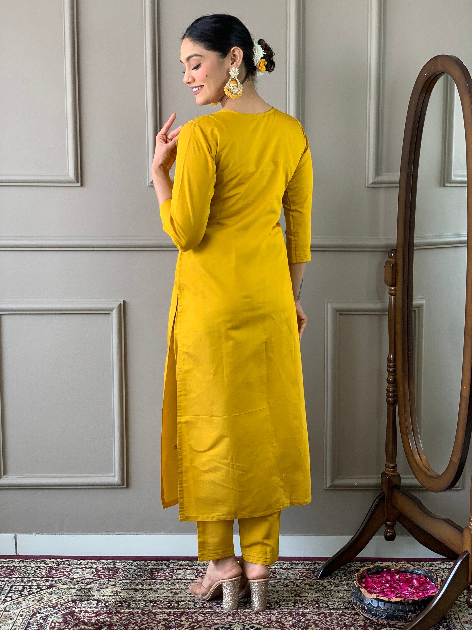 Mustard Classic Embroidery Design Kurta With Pant and Dupatta Dropshipera