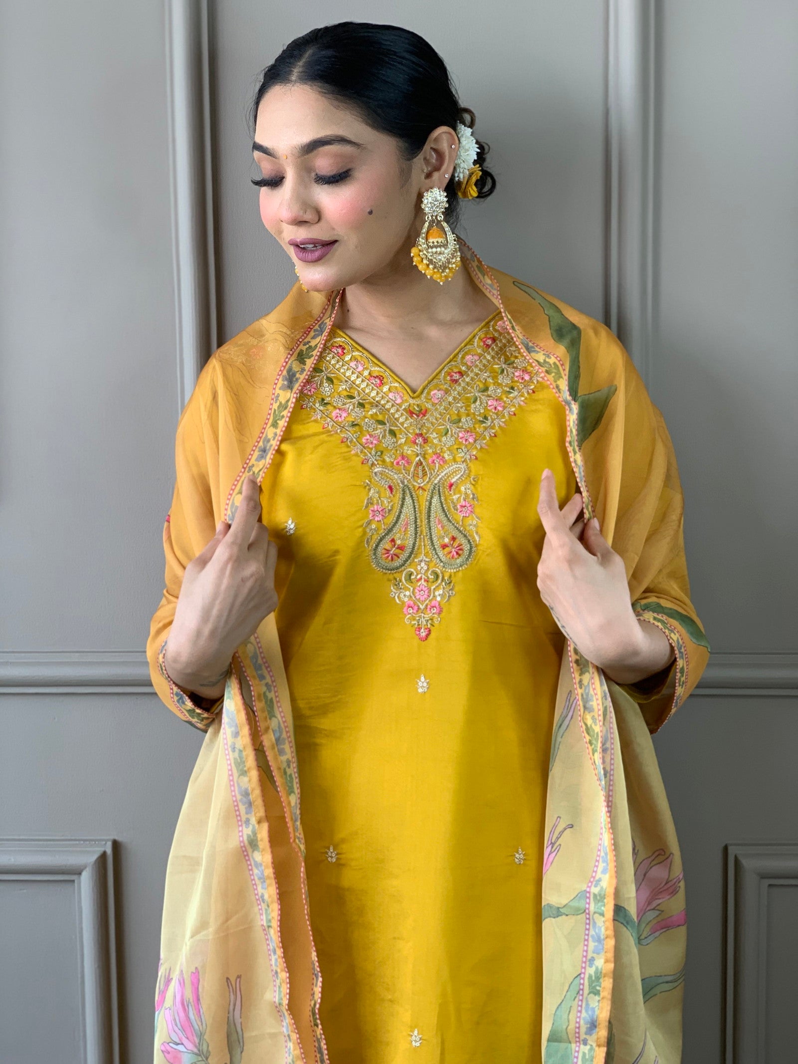 Mustard Classic Embroidery Design Kurta With Pant and Dupatta Dropshipera