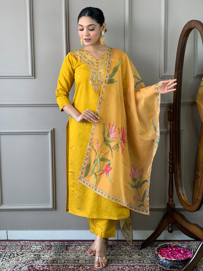 Mustard Classic Embroidery Design Kurta With Pant and Dupatta Dropshipera