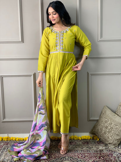 Lemon Yellow Viscose Chanderi  Kurta with bottom and dupatta Dropshipera