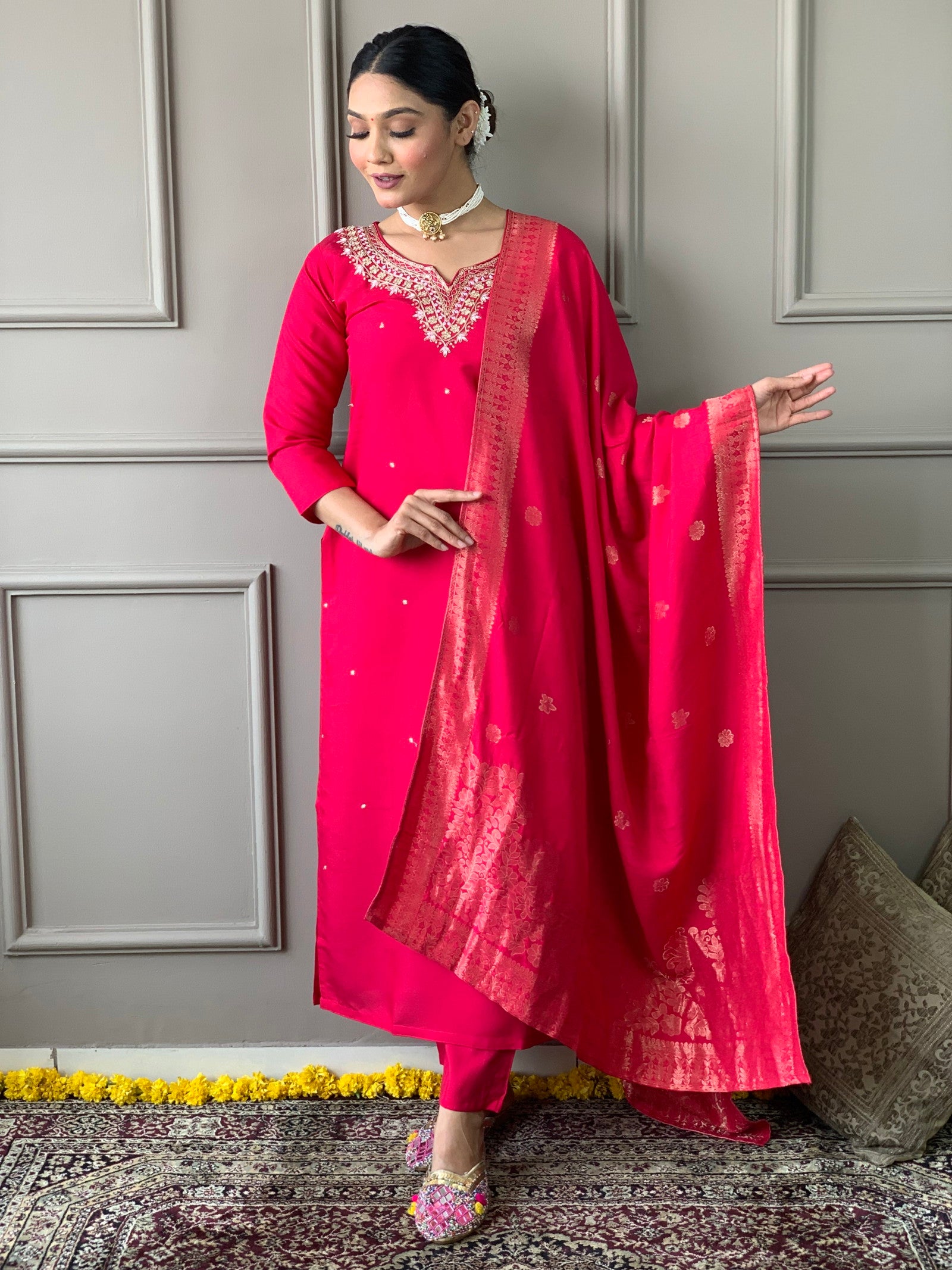 Beautiful Pink Viscose Chanderi Kurta Set with Bottom Wear and Dupatta Dropshipera