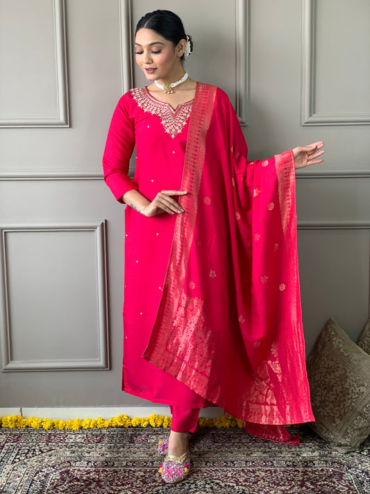 Beautiful Pink Viscose Chanderi Kurta Set with Bottom Wear and Dupatta Dropshipera