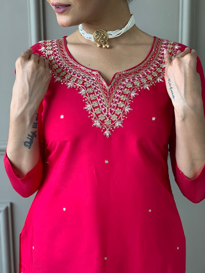 Beautiful Pink Viscose Chanderi Kurta Set with Bottom Wear and Dupatta Dropshipera