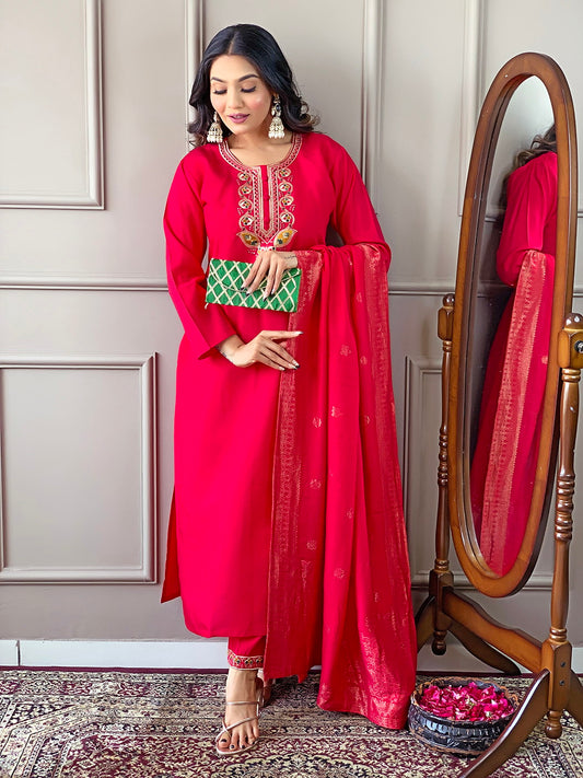 Beautiful Pink Viscose Chanderi Kurta Set with Bottom Wear and Dupatta Dropshipera