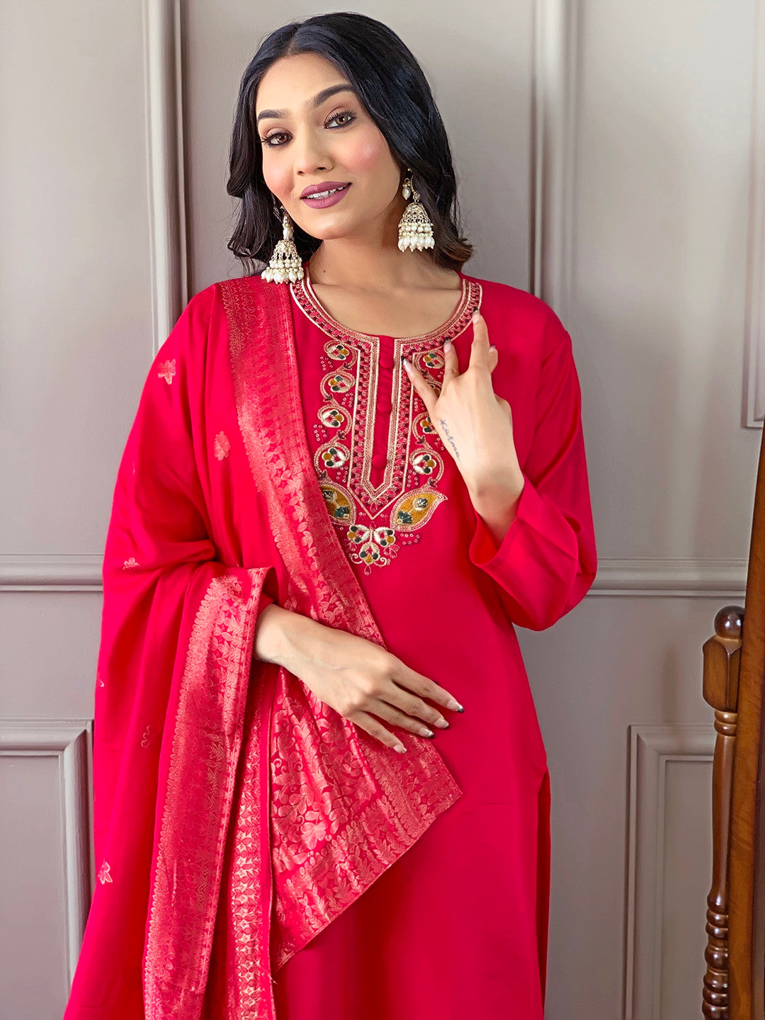 Beautiful Pink Viscose Chanderi Kurta Set with Bottom Wear and Dupatta Dropshipera