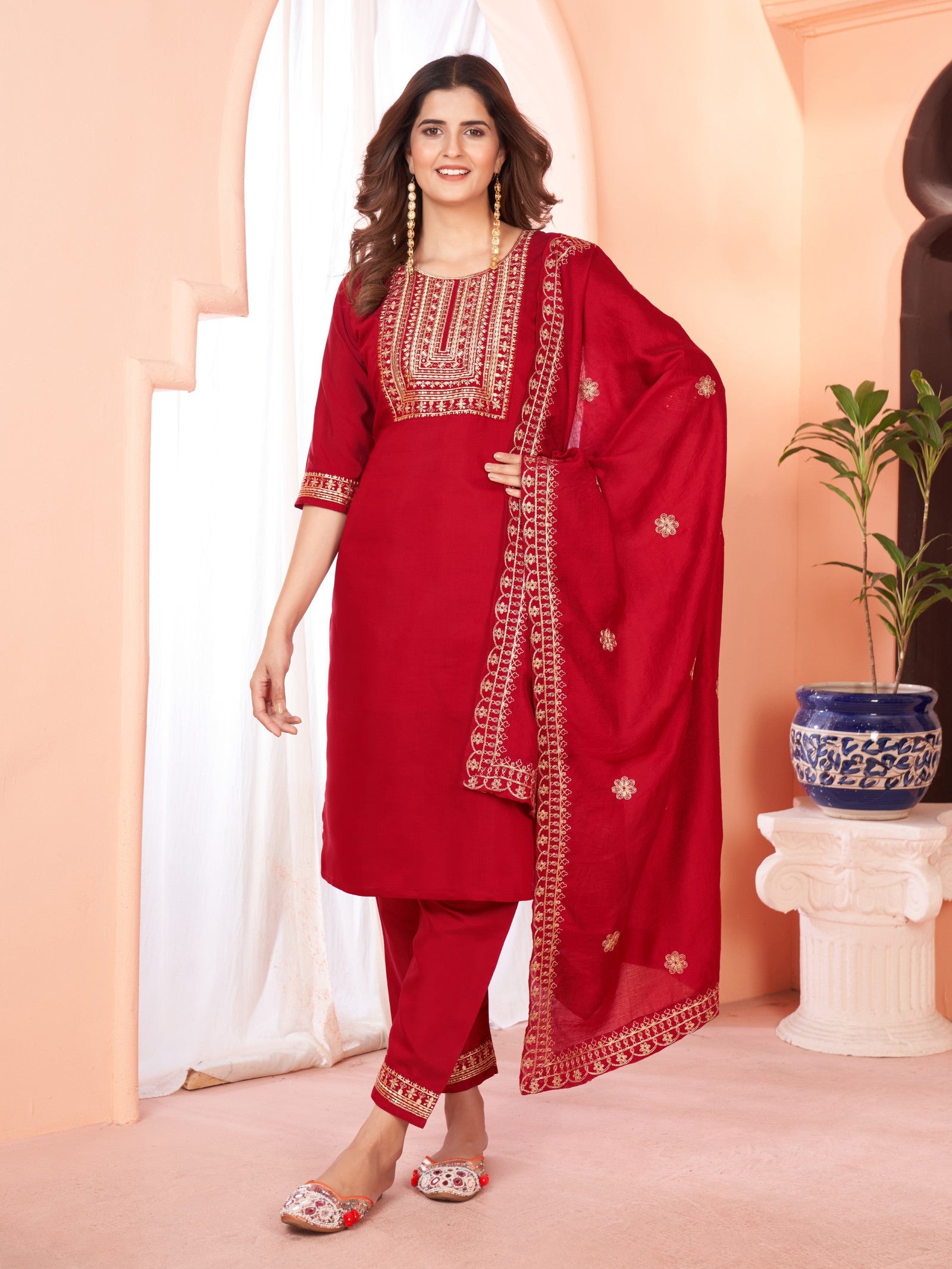 Maroon Embroidered Kurta set With Bottom Wear and Dupatta Dropshipera