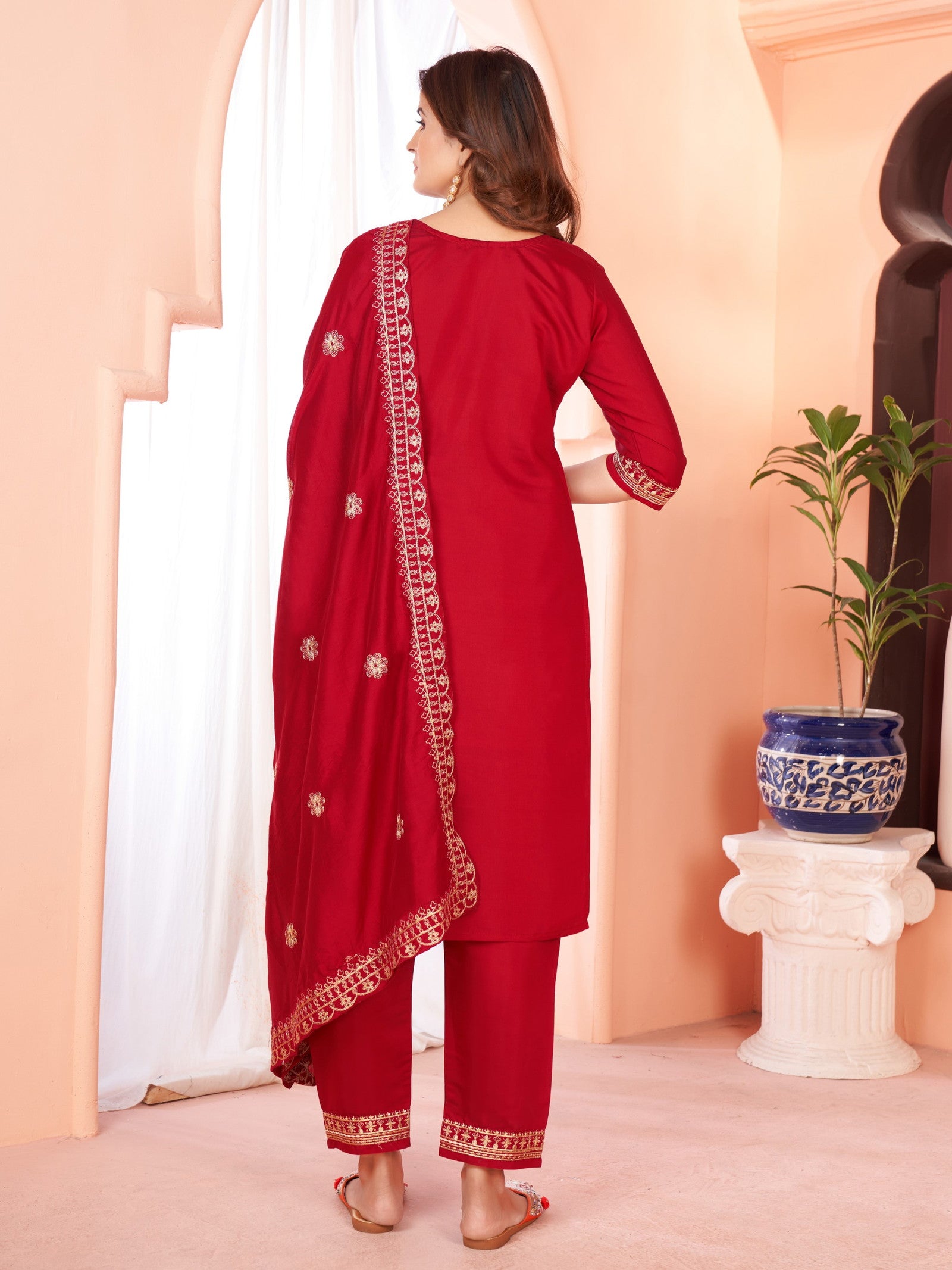 Maroon Embroidered Kurta set With Bottom Wear and Dupatta Dropshipera