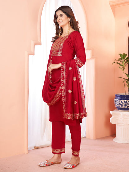 Maroon Embroidered Kurta set With Bottom Wear and Dupatta Dropshipera