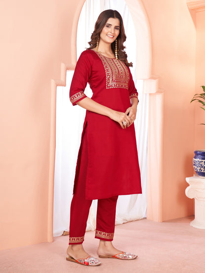 Maroon Embroidered Kurta set With Bottom Wear and Dupatta Dropshipera