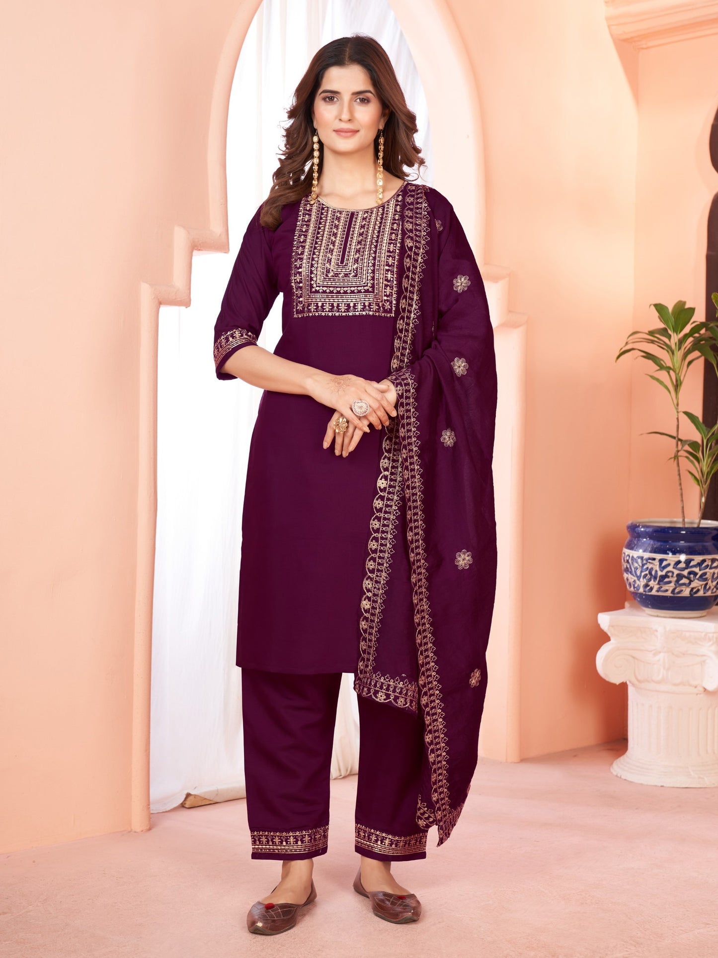 Wine Embroidered Kurta set With Bottom Wear and Dupatta Dropshipera