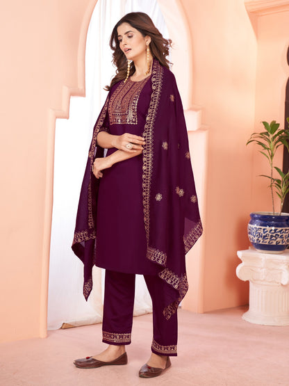 Wine Embroidered Kurta set With Bottom Wear and Dupatta Dropshipera