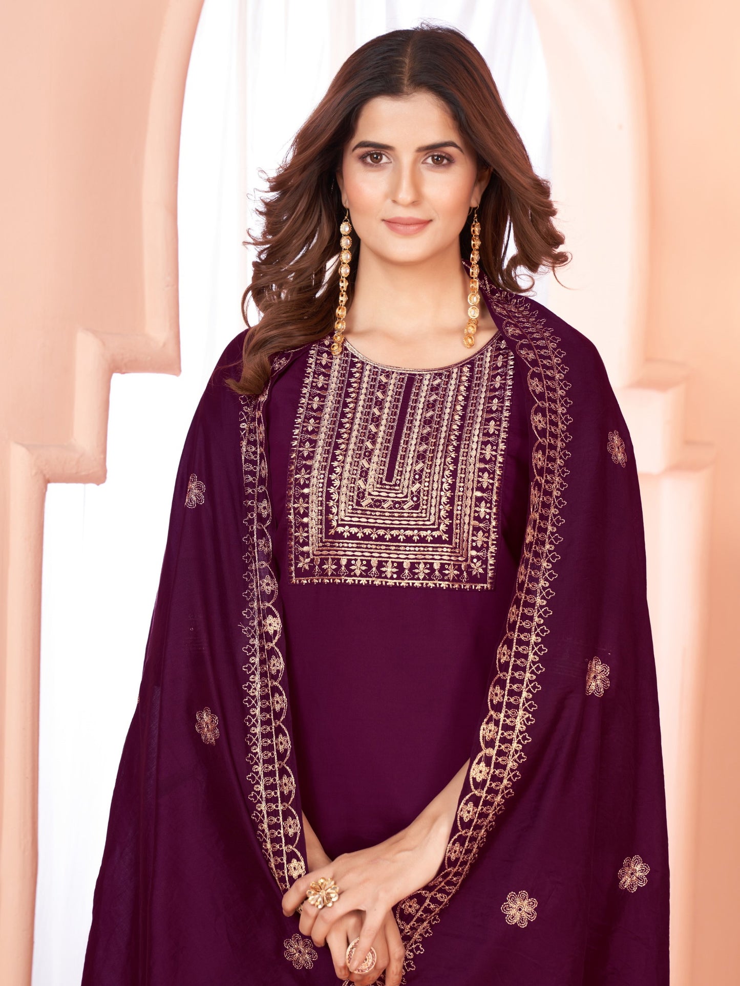 Wine Embroidered Kurta set With Bottom Wear and Dupatta Dropshipera