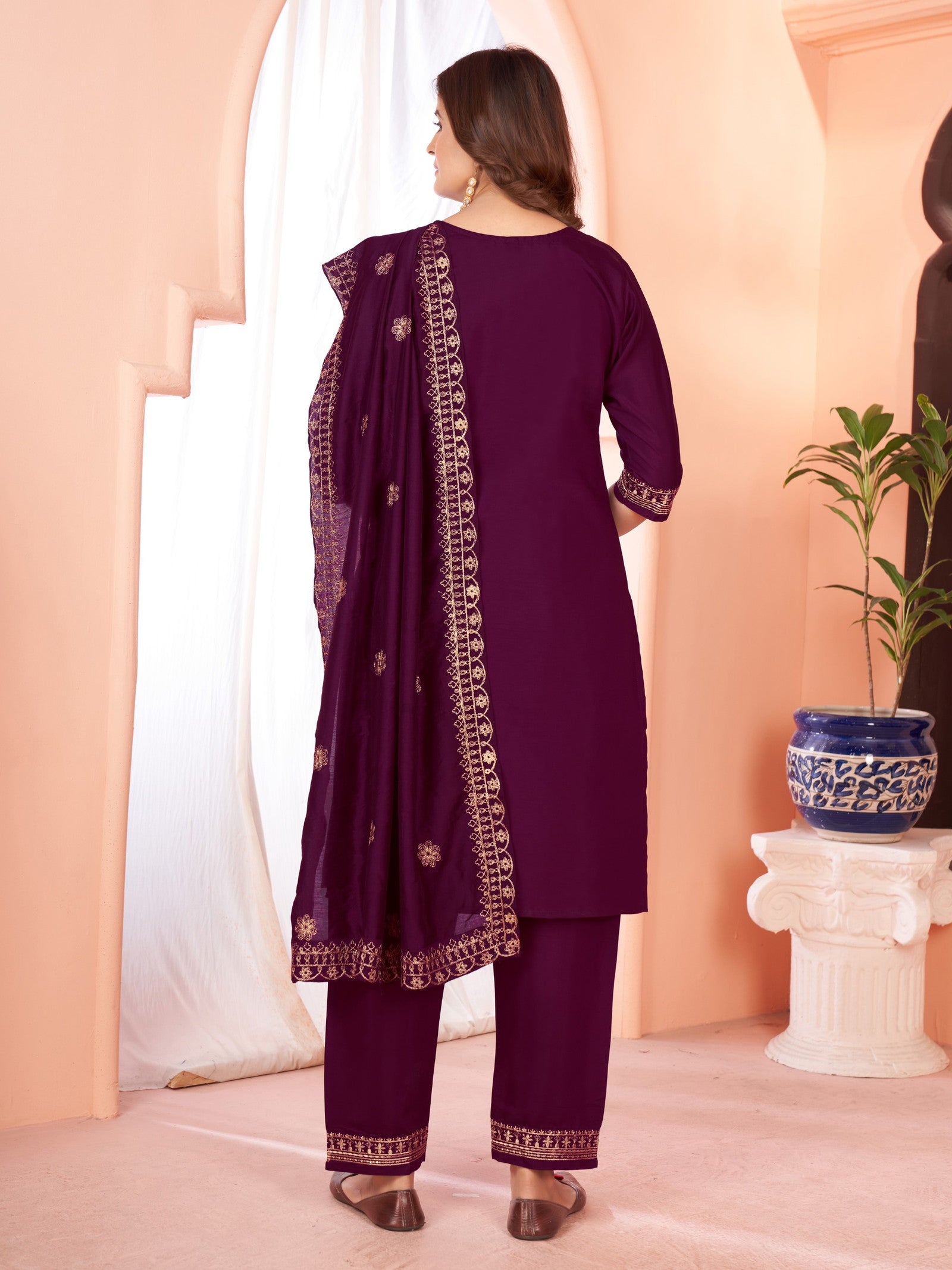 Wine Embroidered Kurta set With Bottom Wear and Dupatta Dropshipera