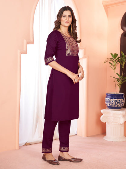 Wine Embroidered Kurta set With Bottom Wear and Dupatta Dropshipera