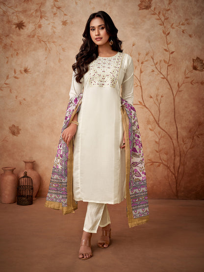 Women Embroidered Straight Kurta with Pants & Dupatta in White Color Dropshipera