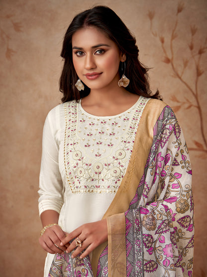 Women Embroidered Straight Kurta with Pants & Dupatta in White Color Dropshipera