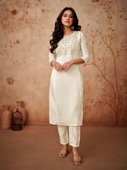 Women Embroidered Straight Kurta with Pants & Dupatta in White Color Dropshipera