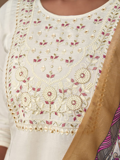 Women Embroidered Straight Kurta with Pants & Dupatta in White Color Dropshipera