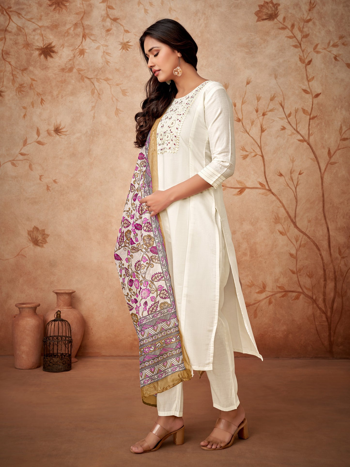 Women Embroidered Straight Kurta with Pants & Dupatta in White Color Dropshipera