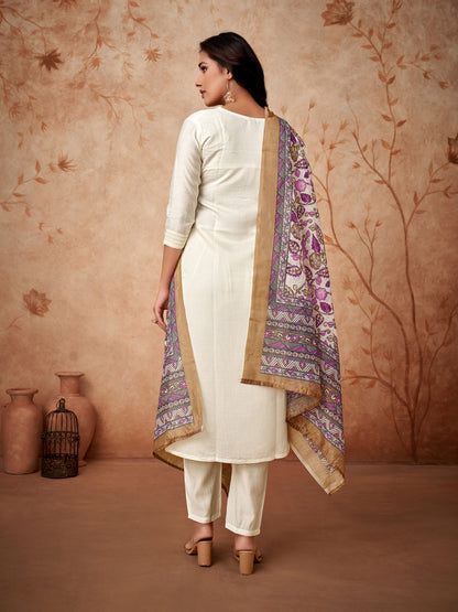 Women Embroidered Straight Kurta with Pants & Dupatta in White Color Dropshipera