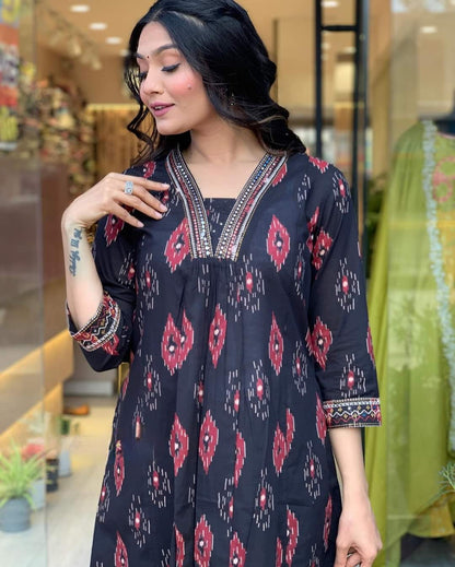 Black Cotton Faired Kurta Set with Bottom Wear and Dupatta set Dropshipera