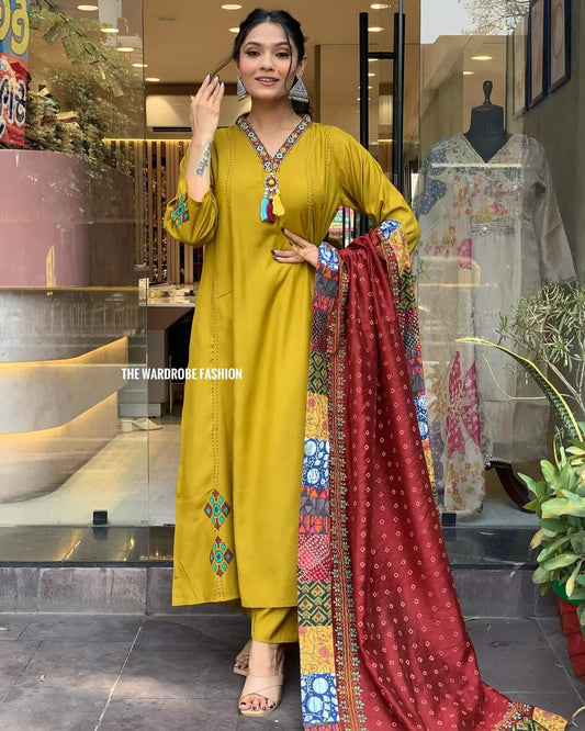 Mustard Yellow Simple Beautiful Kurta Set with Bottom and Dupatta Dropshipera