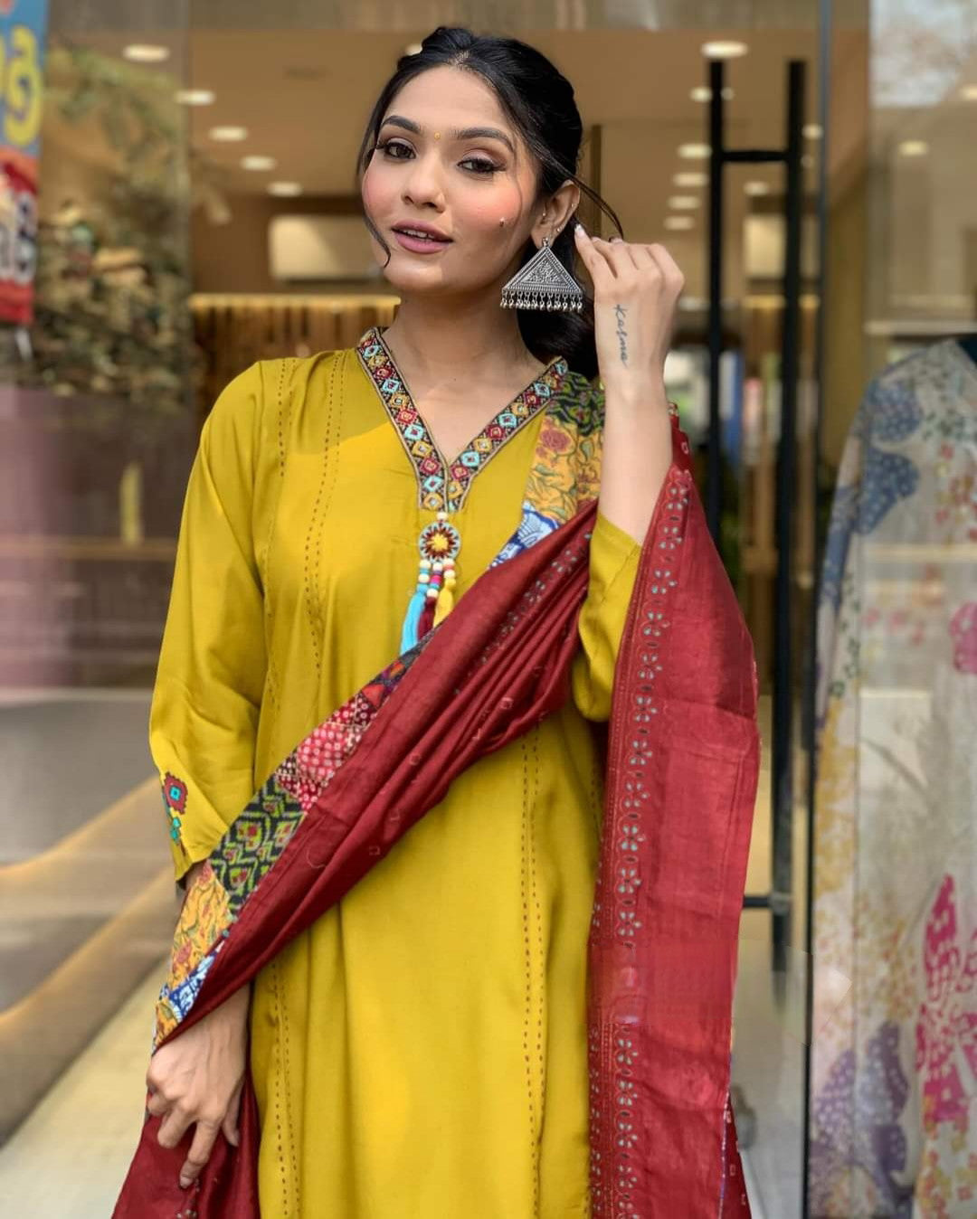 Mustard Yellow Simple Beautiful Kurta Set with Bottom and Dupatta Dropshipera