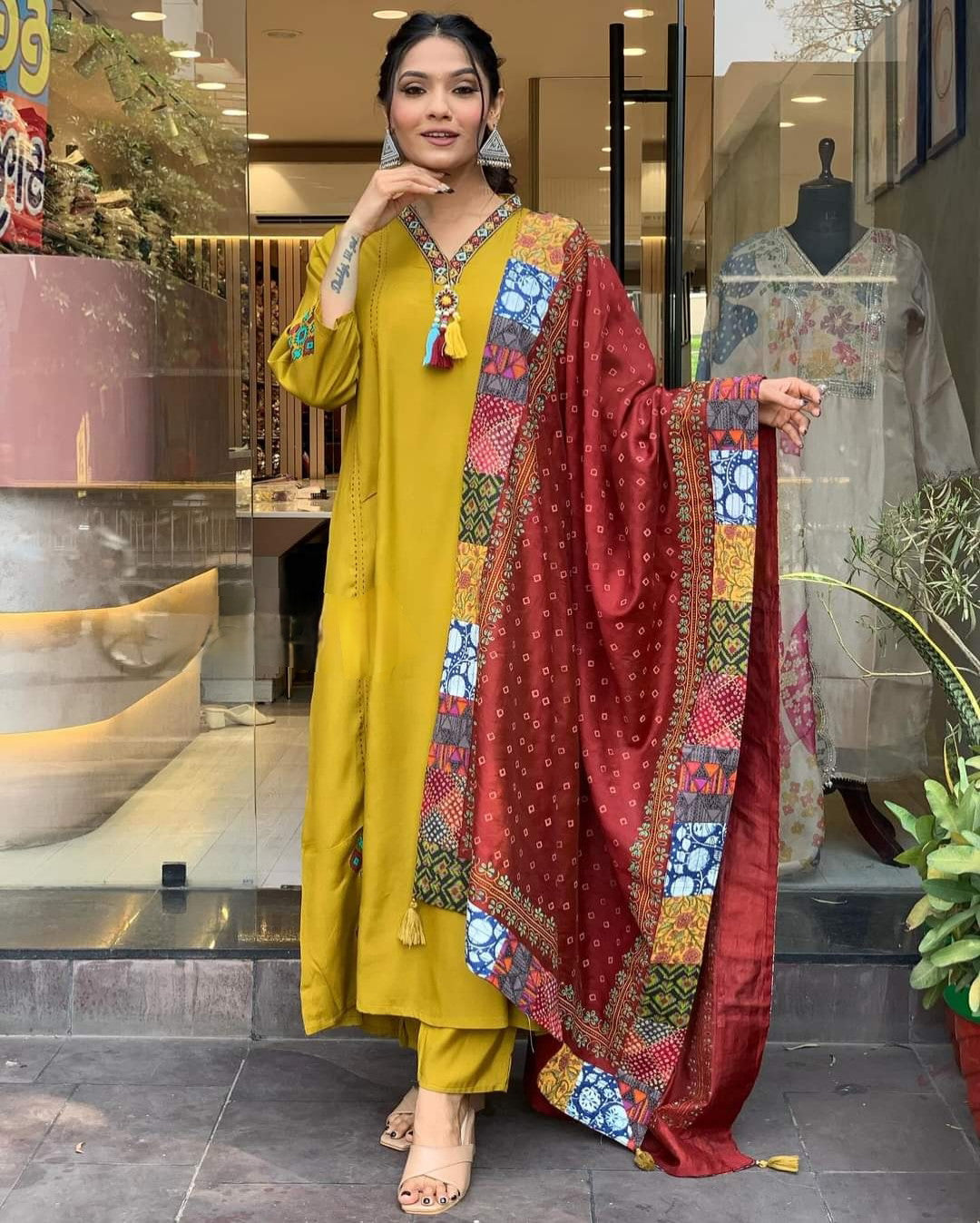 Mustard Yellow Simple Beautiful Kurta Set with Bottom and Dupatta Dropshipera