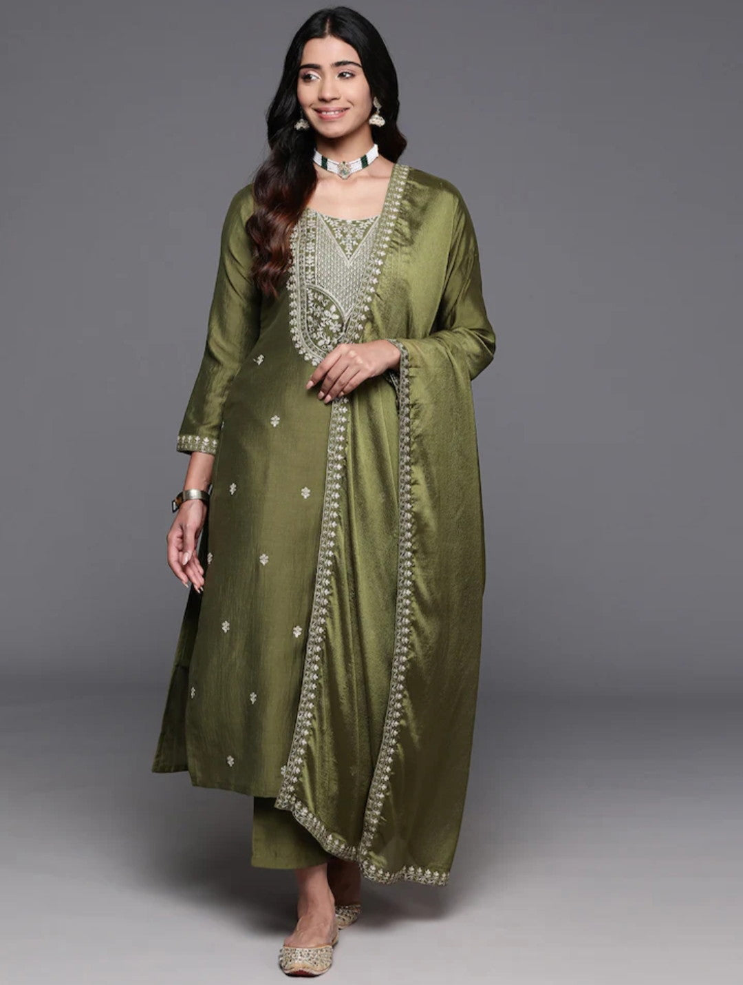 Mehndi Color Embroidered Women wear Kurta set with bottom wear and dupatta Dropshipera