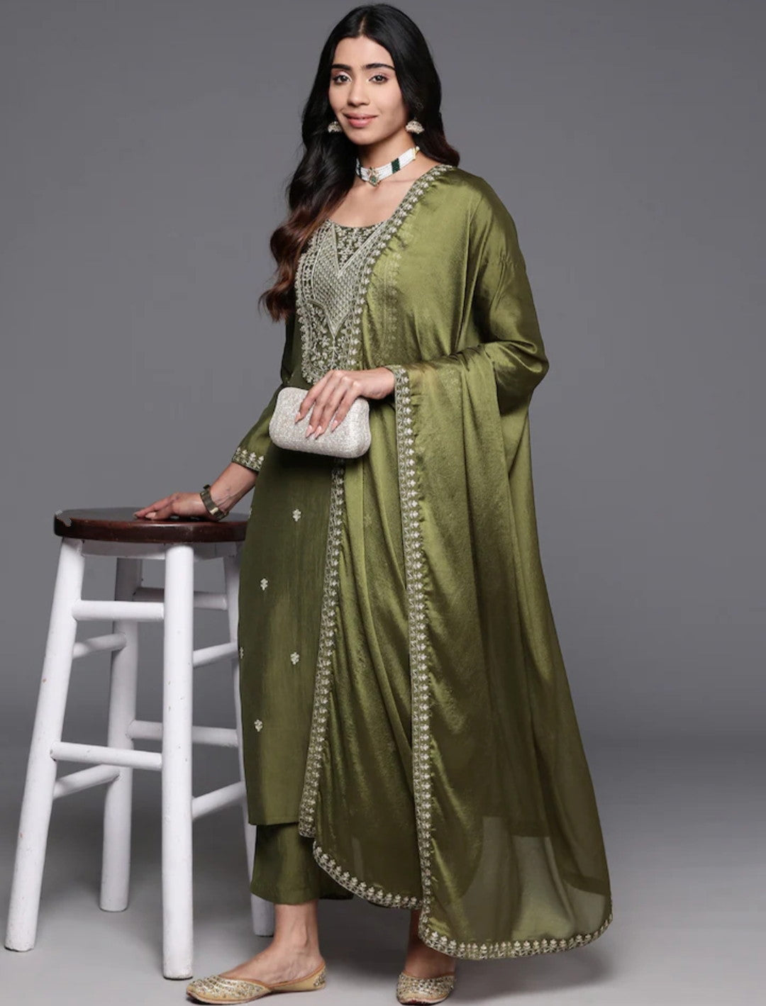 Mehndi Color Embroidered Women wear Kurta set with bottom wear and dupatta Dropshipera