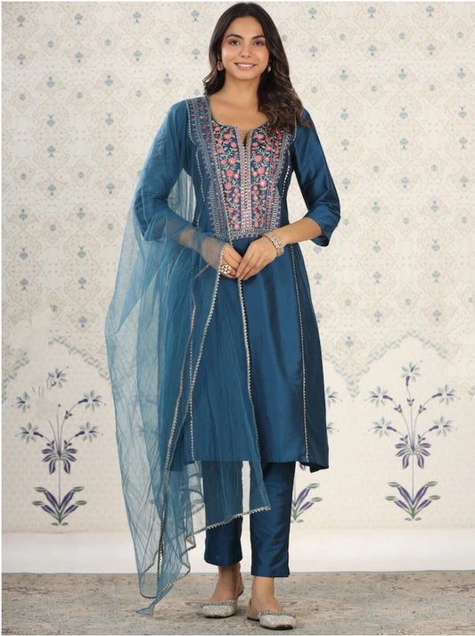 Beautiful Petrol Embroidered Kurta Set with Bottom Wear and Dupatta Dropshipera