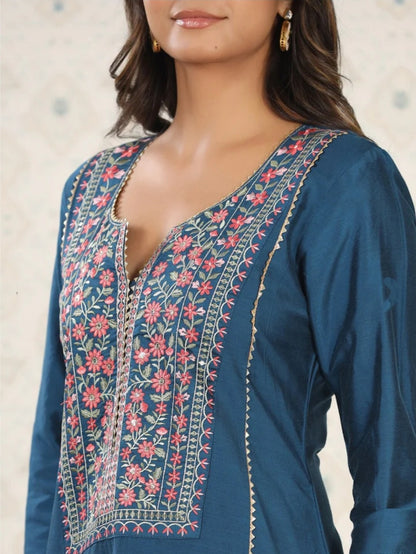Beautiful Petrol Embroidered Kurta Set with Bottom Wear and Dupatta Dropshipera
