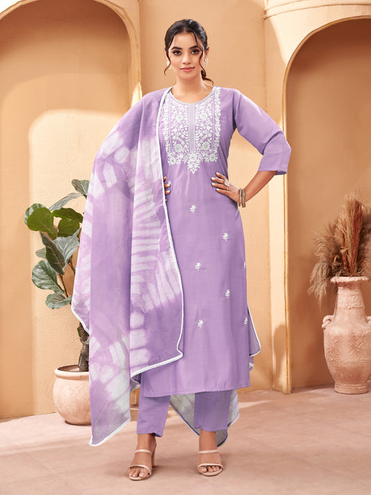 Beautiful and Simple Lavender colour Embroidered Kurta set With Bottom and Dupatta Dropshipera