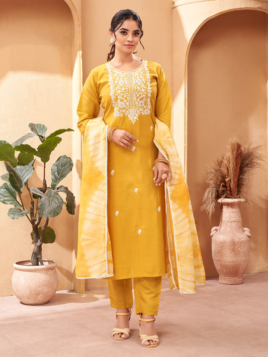 Mustard Yellow Simple Beautiful Kurta Set with Bottom and Dupatta Dropshipera